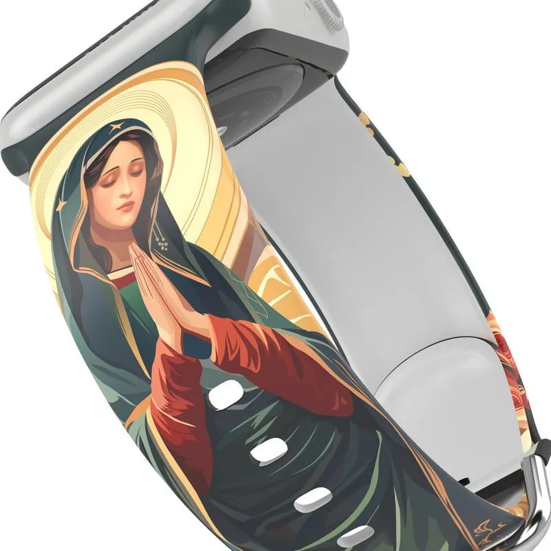 Virgin Mary with Cross Watch Band Compatible with Iwatch Printed Band Silicone Ultra 38Mm 40Mm 41Mm 42Mm 44Mm 45Mm 46Mm 49Mm Strap Virgin De Guadalupe Jesus God Catholic Christian Bible Gift