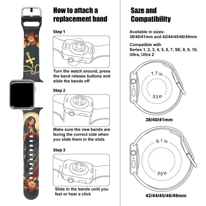 Virgin Mary with Cross Watch Band Compatible with Iwatch Printed Band Silicone Ultra 38Mm 40Mm 41Mm 42Mm 44Mm 45Mm 46Mm 49Mm Strap Virgin De Guadalupe Jesus God Catholic Christian Bible Gift