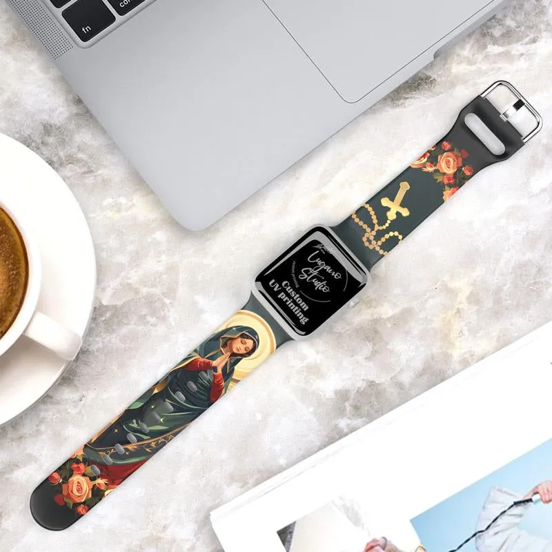 Virgin Mary with Cross Watch Band Compatible with Iwatch Printed Band Silicone Ultra 38Mm 40Mm 41Mm 42Mm 44Mm 45Mm 46Mm 49Mm Strap Virgin De Guadalupe Jesus God Catholic Christian Bible Gift