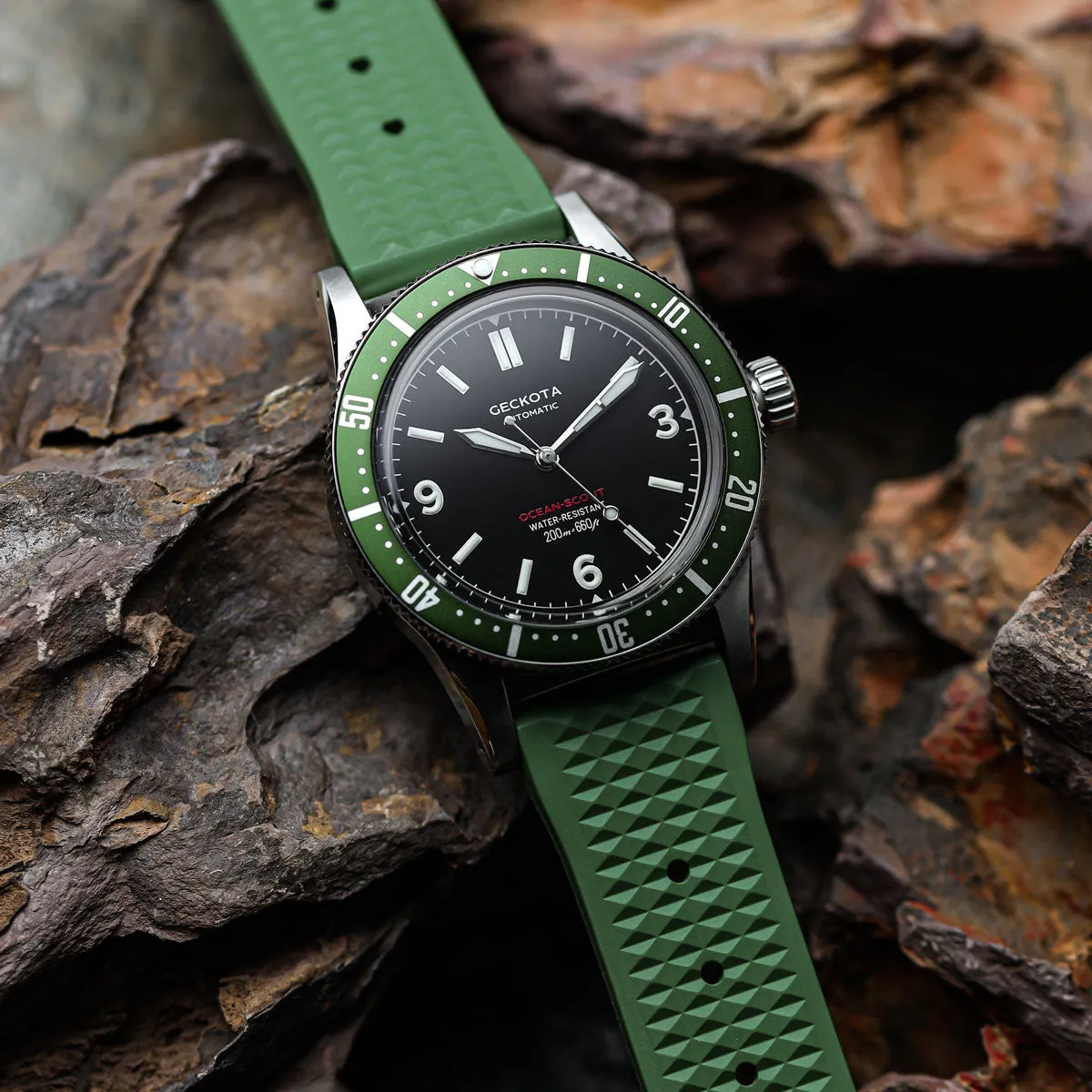 Waffle Pattern FKM Rubber Dive Watch Strap - Green