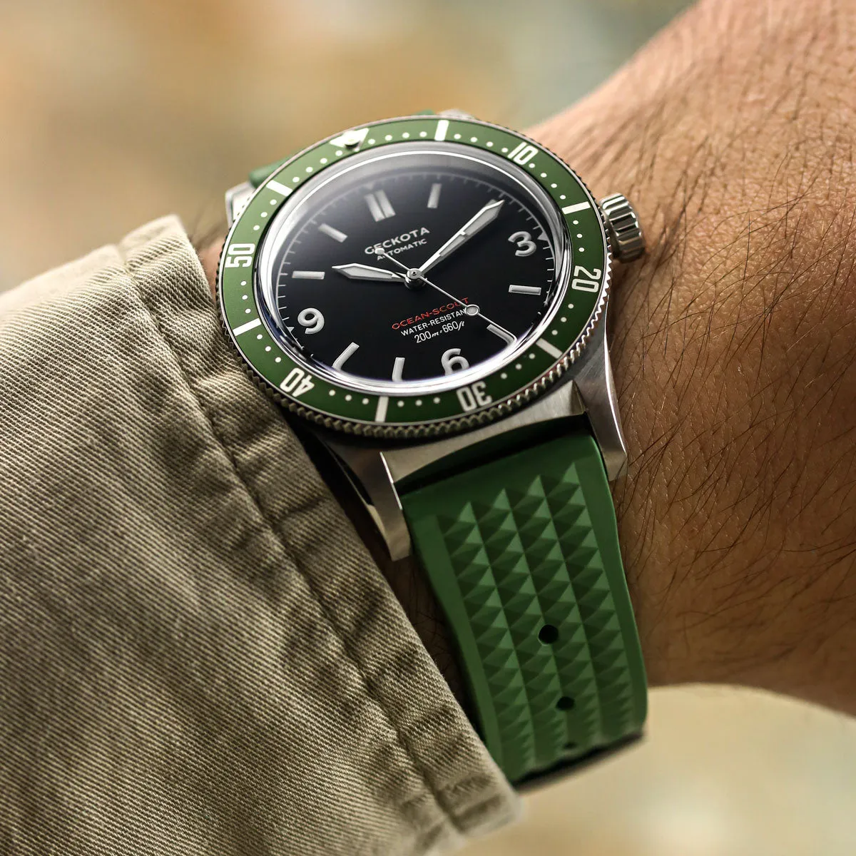 Waffle Pattern FKM Rubber Dive Watch Strap - Green